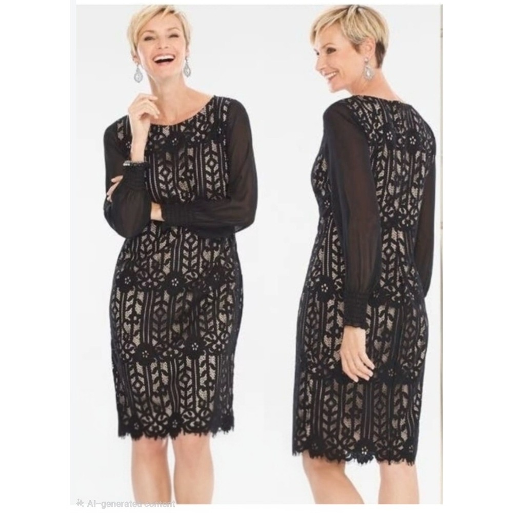 Chico's Shift Dress Dark Romantic Black Lace Sheer Sleeve Women L/12 (Chico's 2)